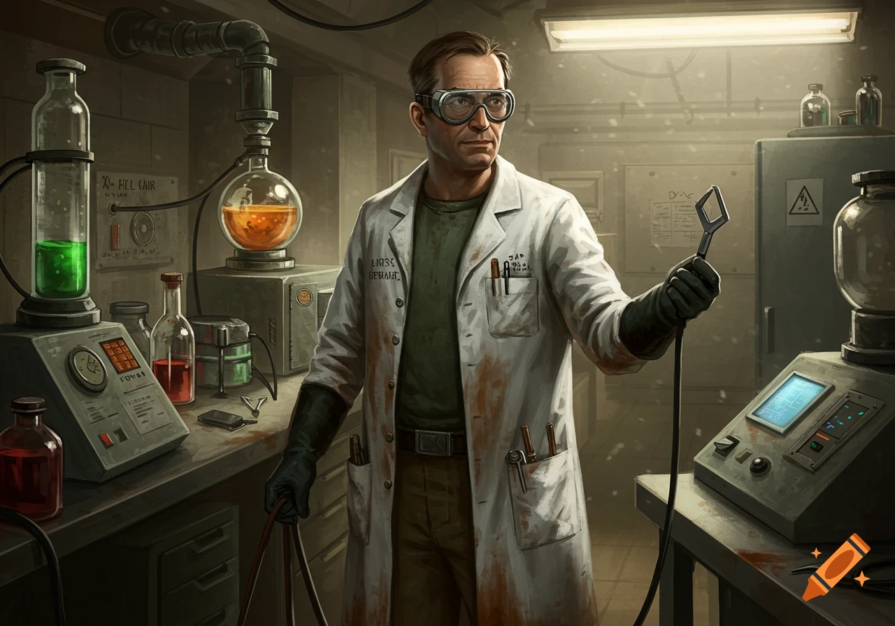A scientist in a lab coat and goggles holds a tool in a laboratory.