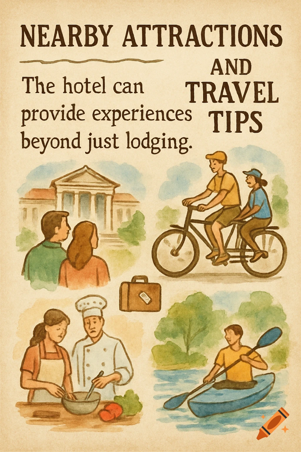 Illustrated poster listing nearby attractions and travel tips, showing people cycling, kayaking, visiting a building, and cooking.