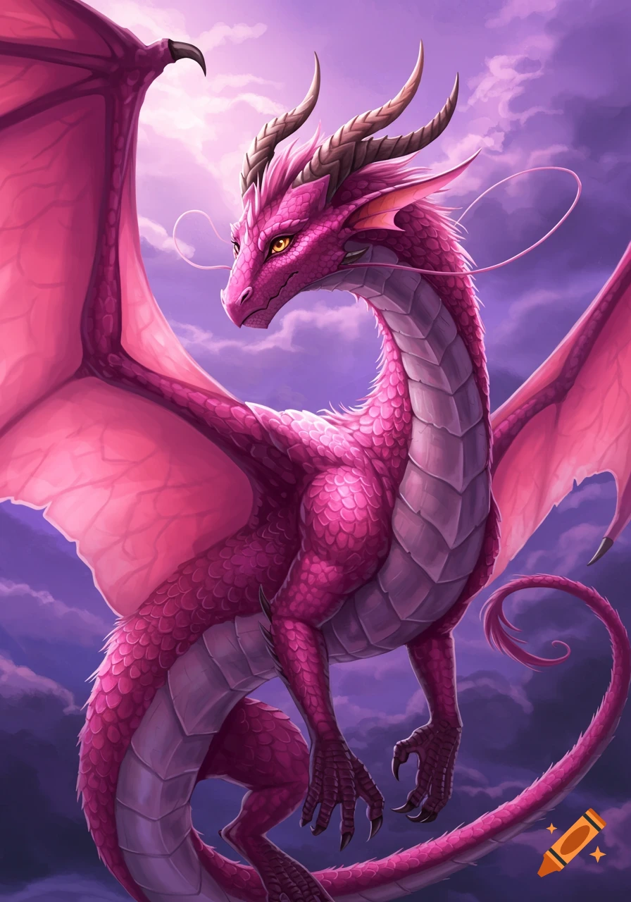 A pink dragon with large wings flying through purple clouds.