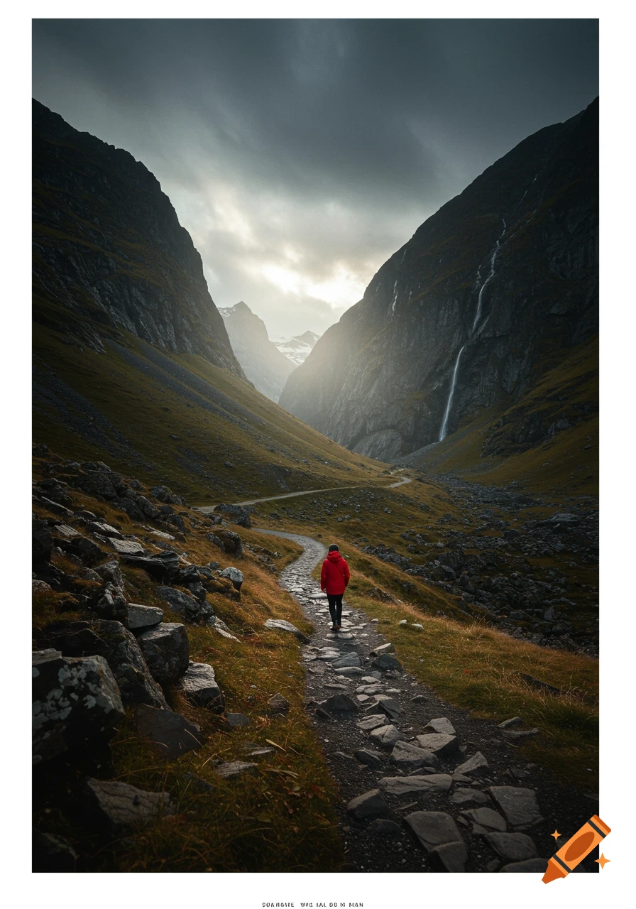 Photorealistic image of a person walking on a rocky path in a mountain valley with a waterfall and cloudy sky.