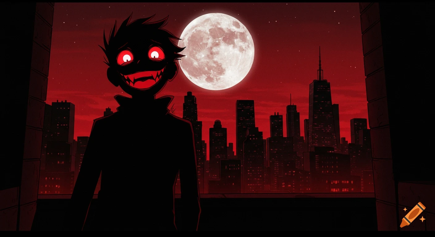 Anime silhouette with glowing eyes and sharp teeth on a rooftop overlooking a cityscape under a red sky and full moon.