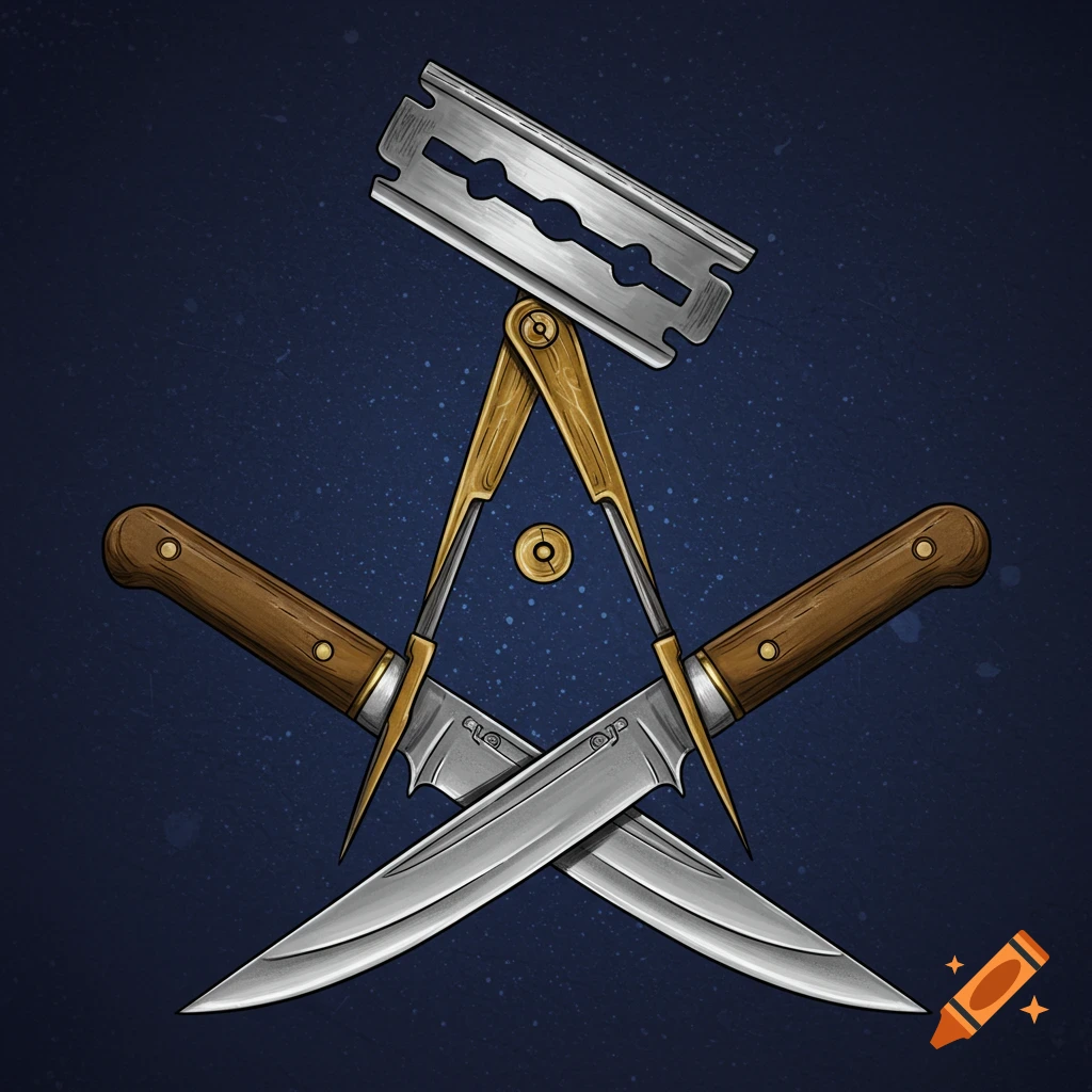 Stylized composition of a compass with a razor blade and crossed knives on a dark blue background.