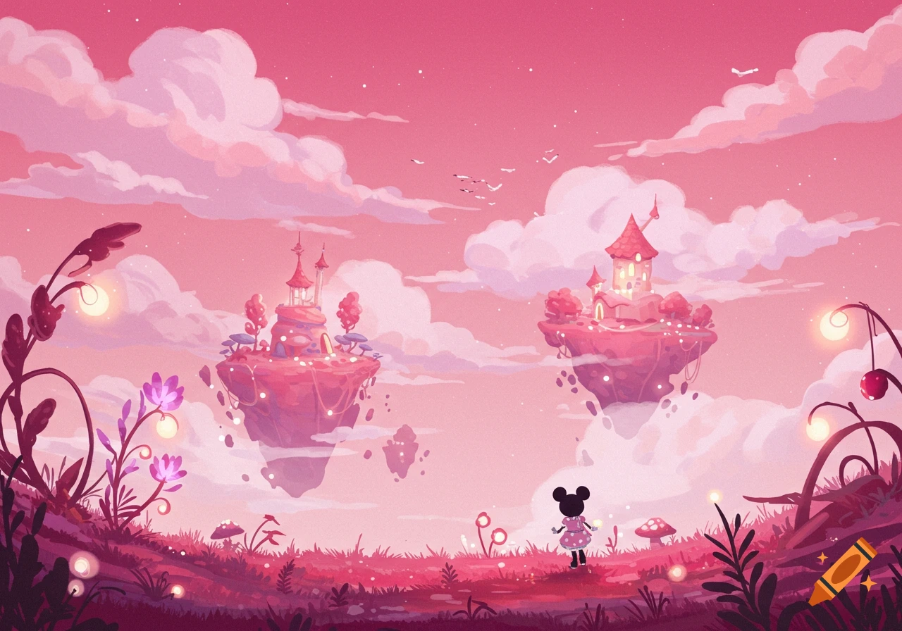 A pink fantasy landscape with floating islands, castles, and a character silhouette.