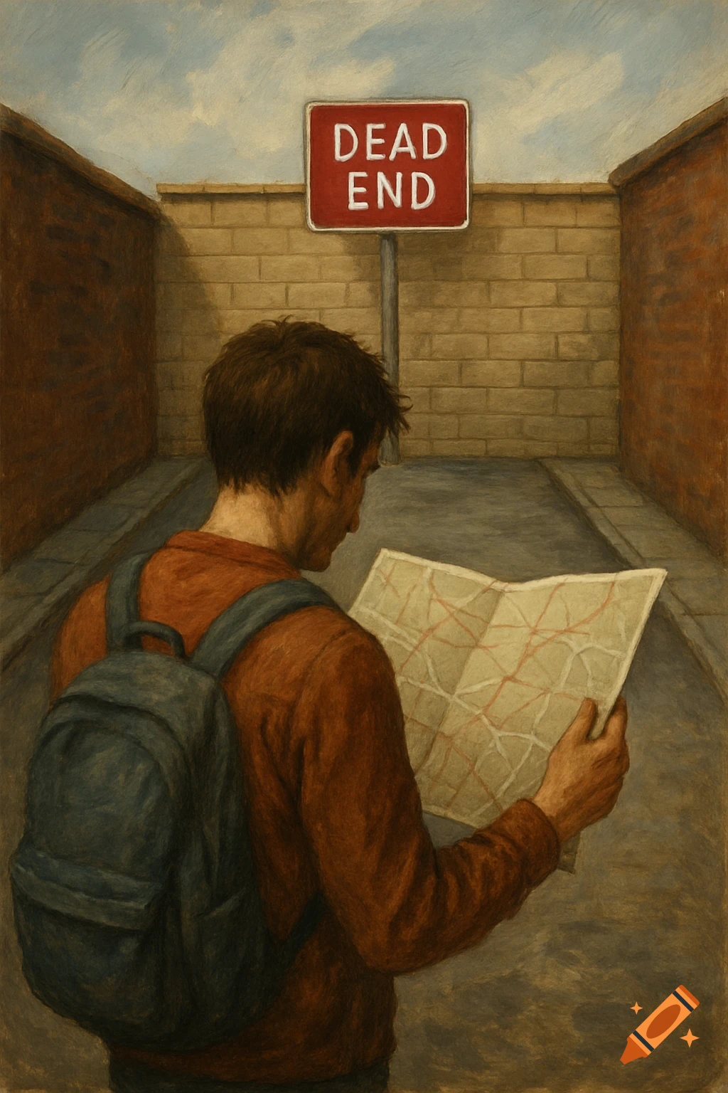 A person with a backpack looks at a map in front of a dead end sign.