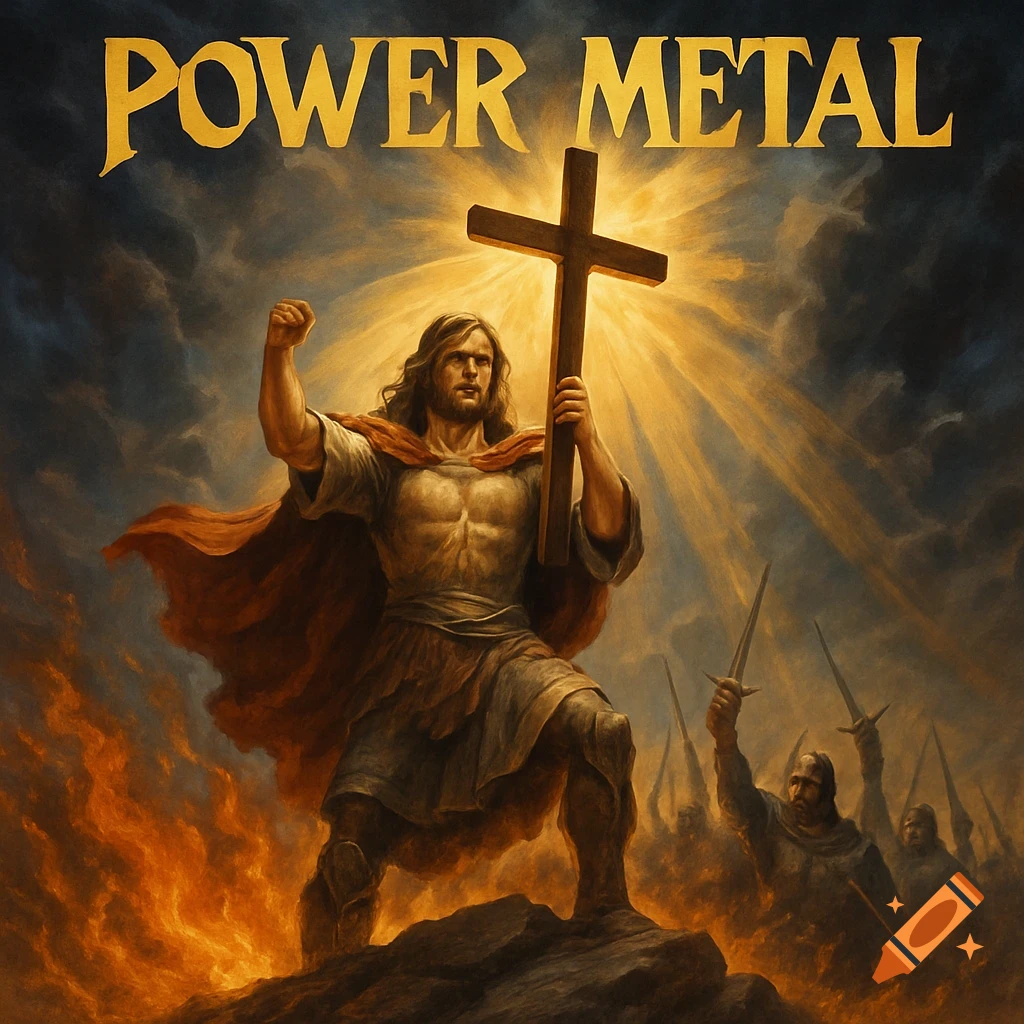 A muscular warrior holds a cross over fire, with other warriors visible in the background. The text 'POWER METAL' is displayed above.