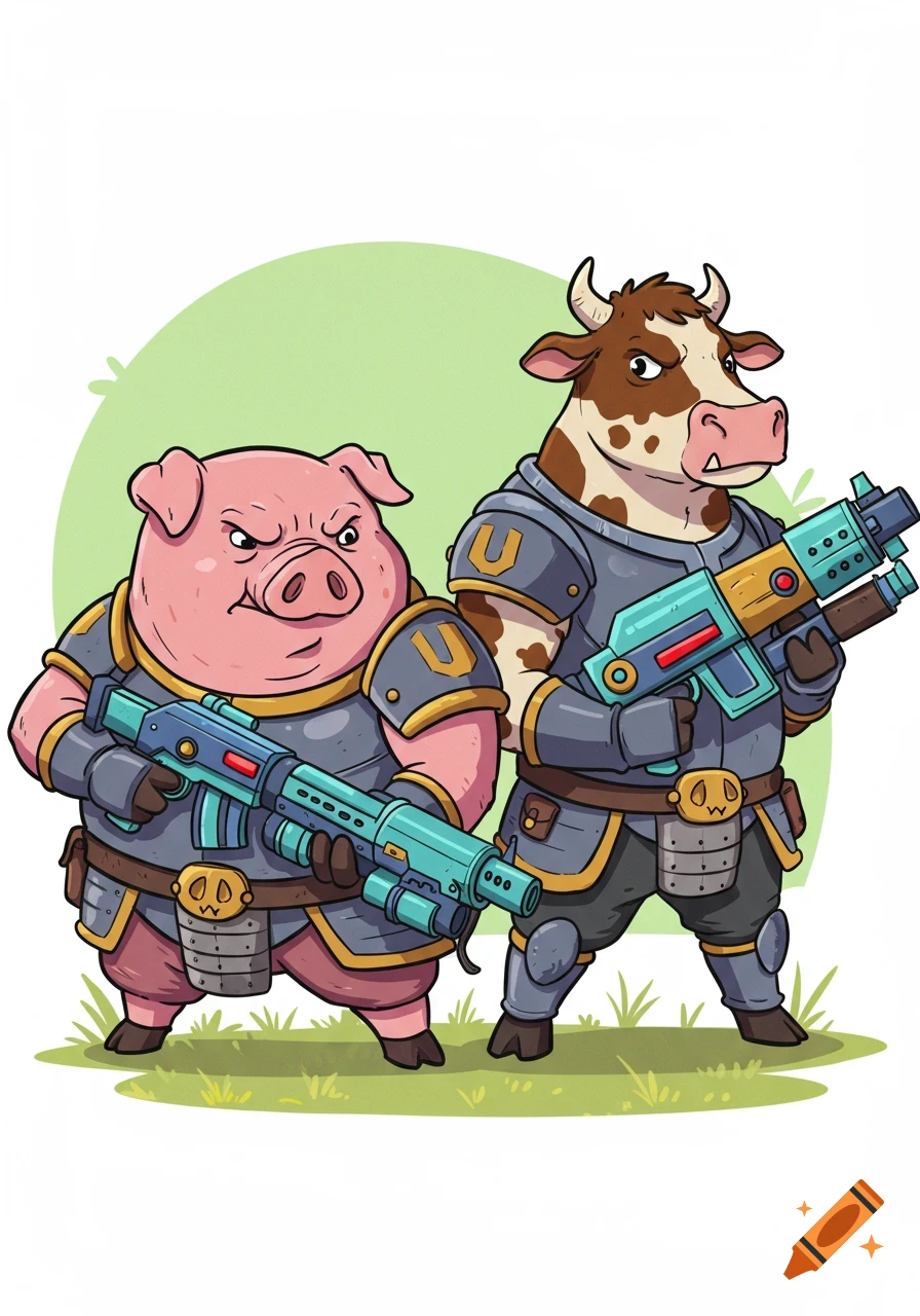 Cartoon pig and cow in armor holding futuristic guns