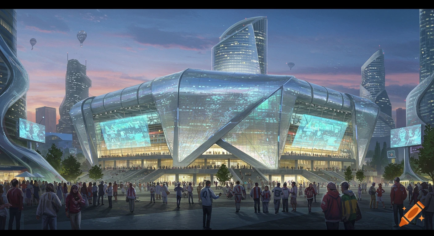 a futuristic stadium, cityscape, and crowd at sunset