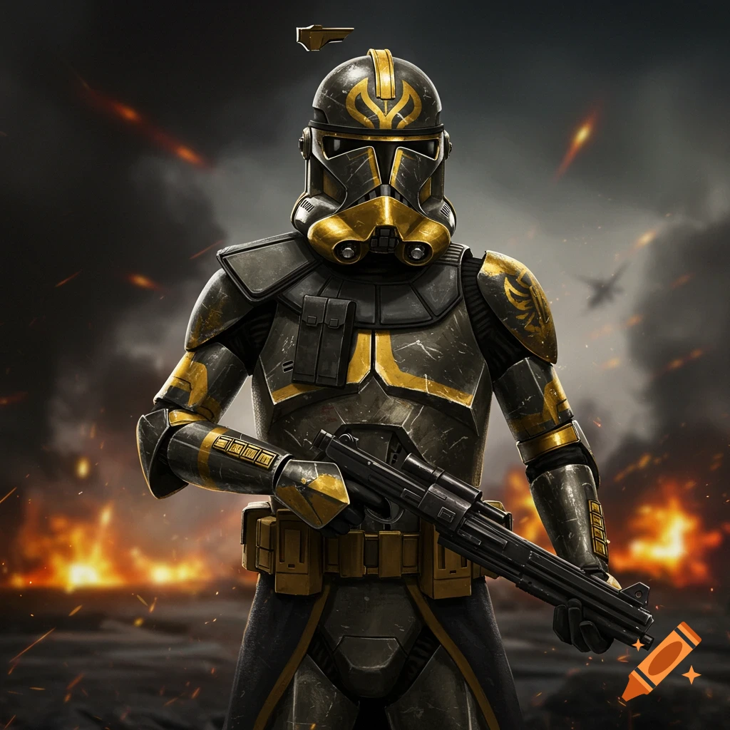A black and gold clone trooper stands in a battle scene.