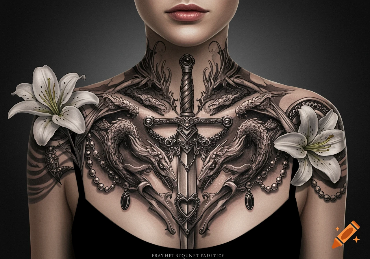 Close-up of a woman with a fantasy chest and shoulder tattoo featuring dragons, a sword, jewelry, and lilies.