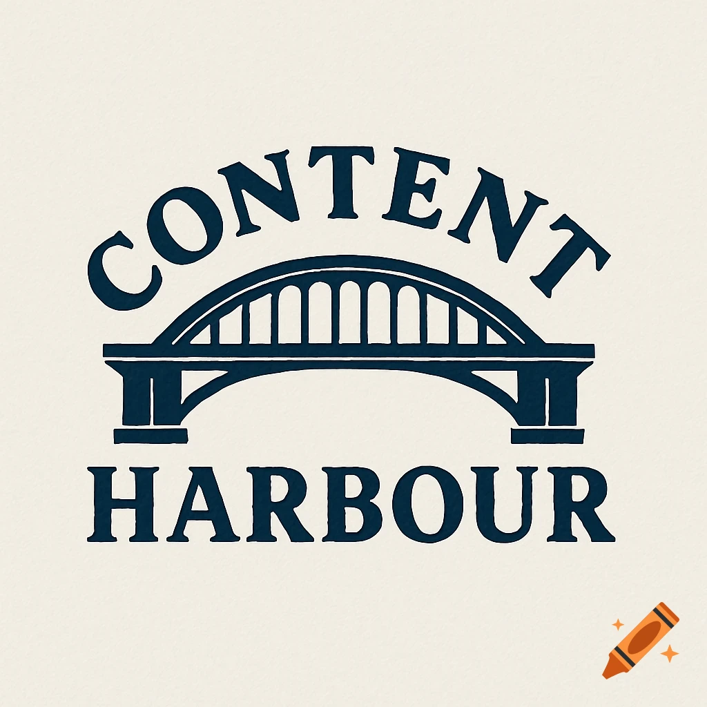 A logo featuring the word CONTENT as the arch of a blue bridge and HARBOUR as the deck, on a light background.