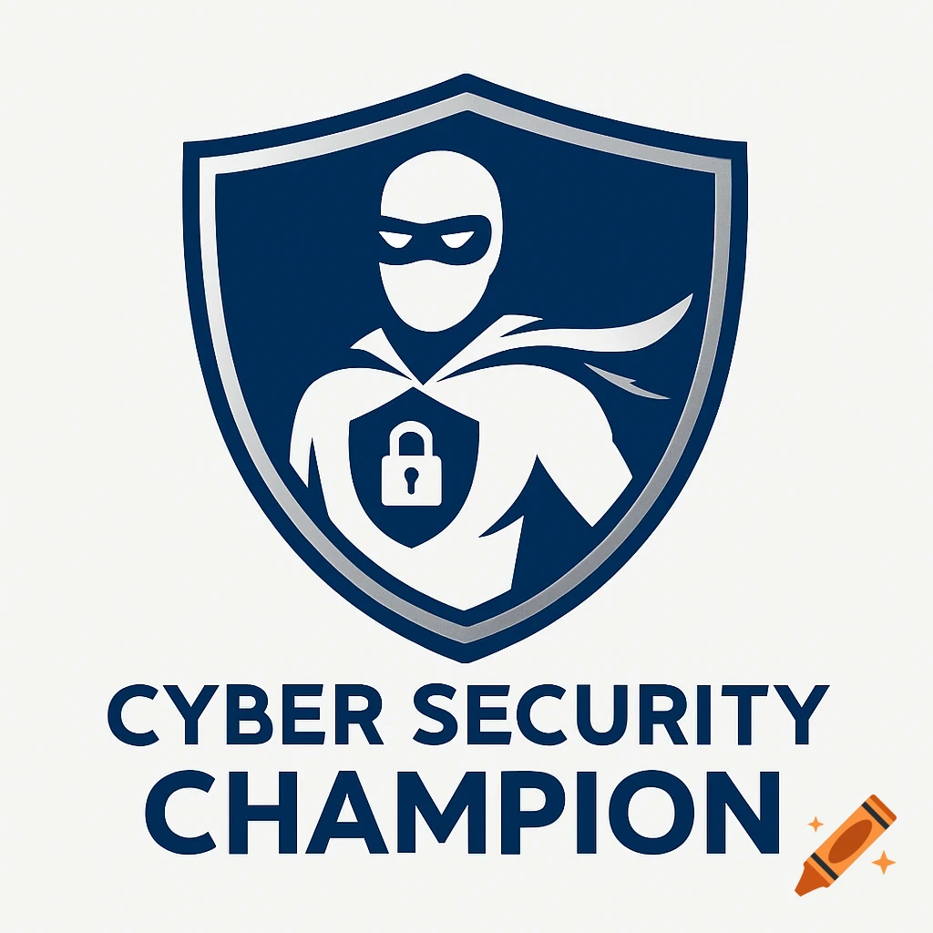 A blue shield logo with a white superhero figure holding a lock, above the text 'CYBER SECURITY CHAMPION'.