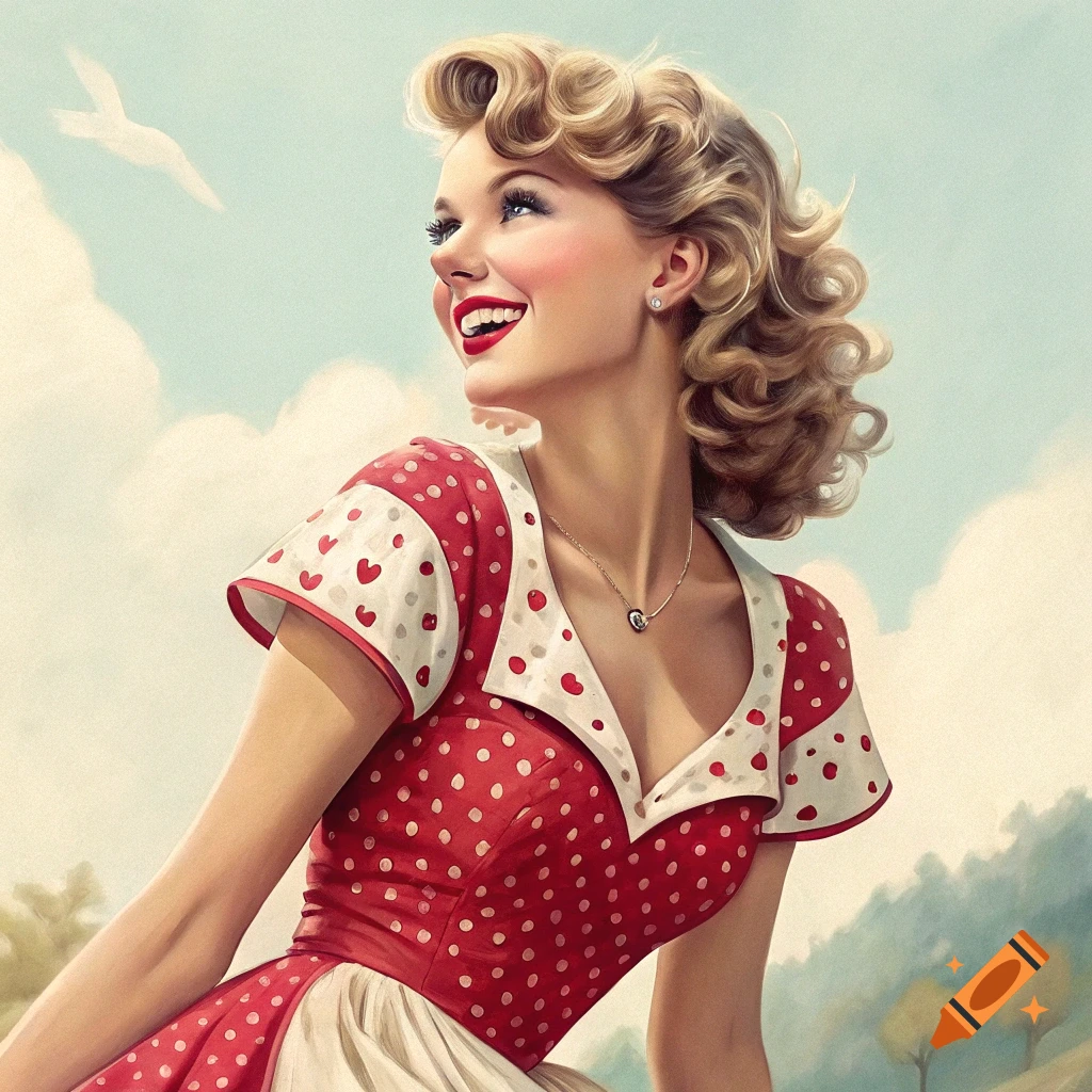 Pin-up style portrait of a smiling woman in a red and white polka dot dress looking up at a bird.