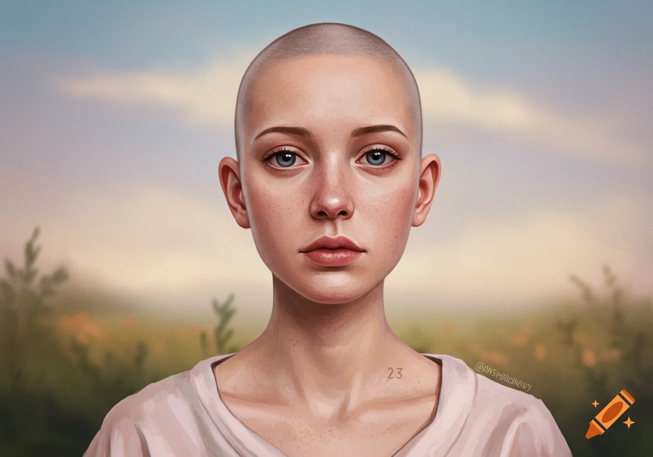 Portrait of a bald young woman.