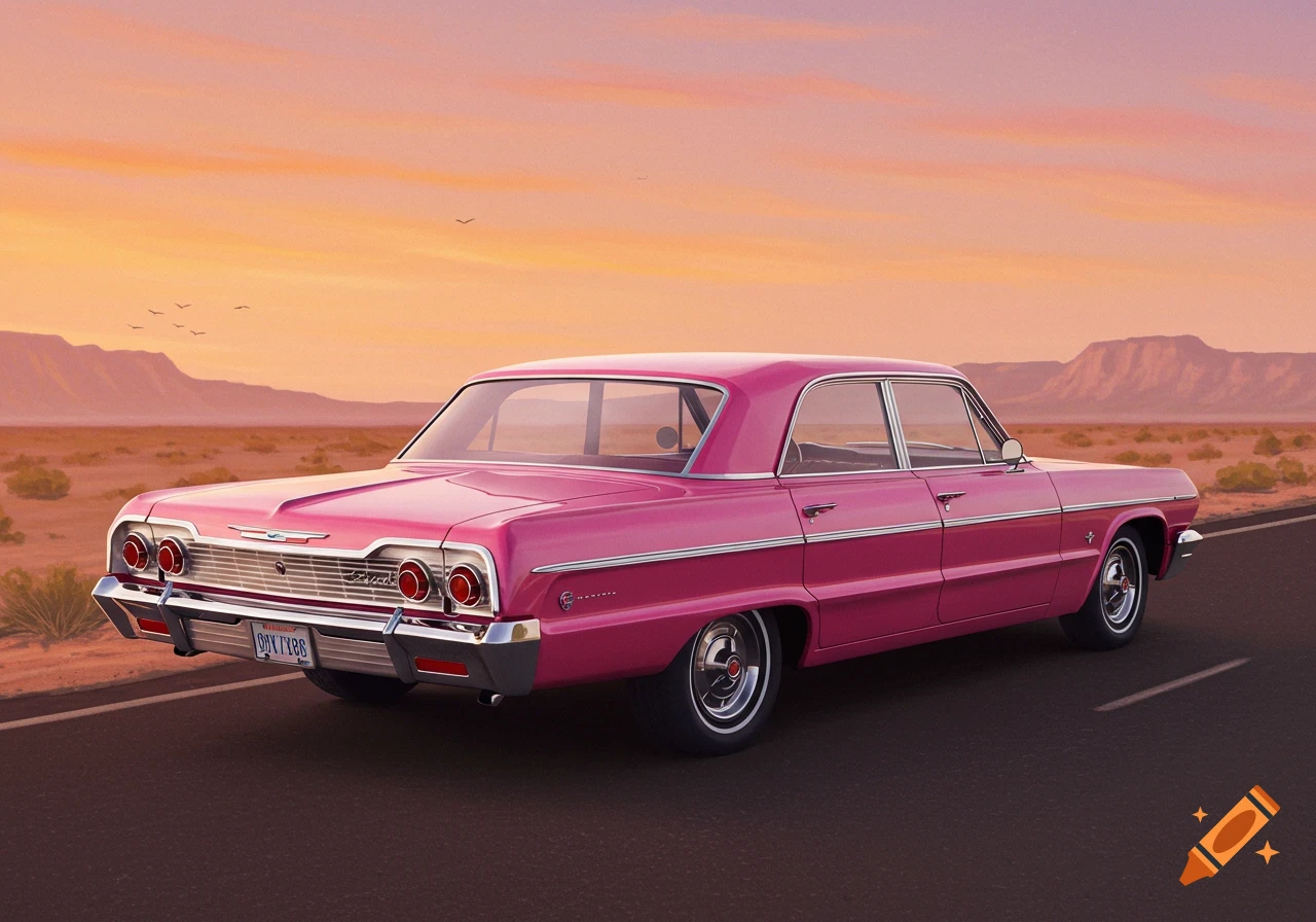 A pink 1964 Impala sedan on a desert road at sunset.