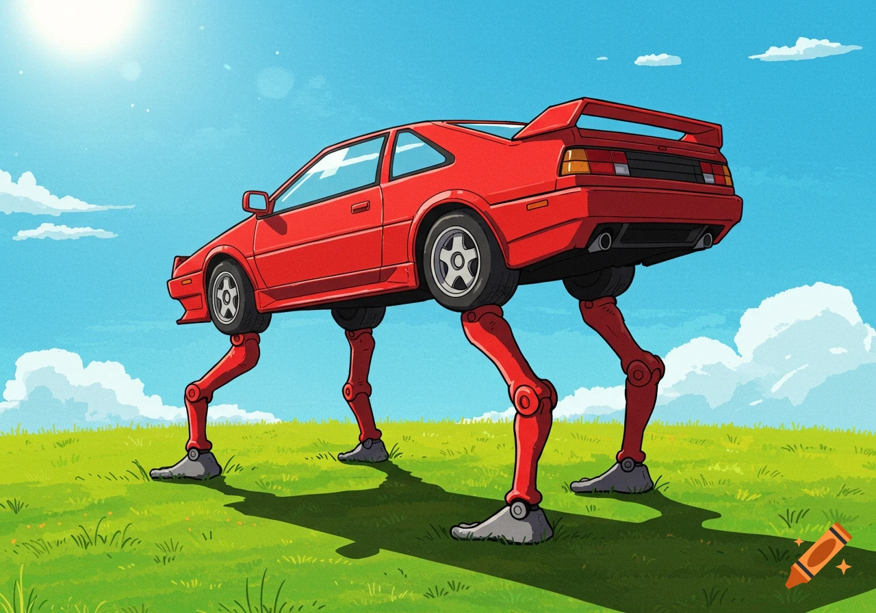 Red car with legs walks on grassy hill under a blue sky, illustration style.