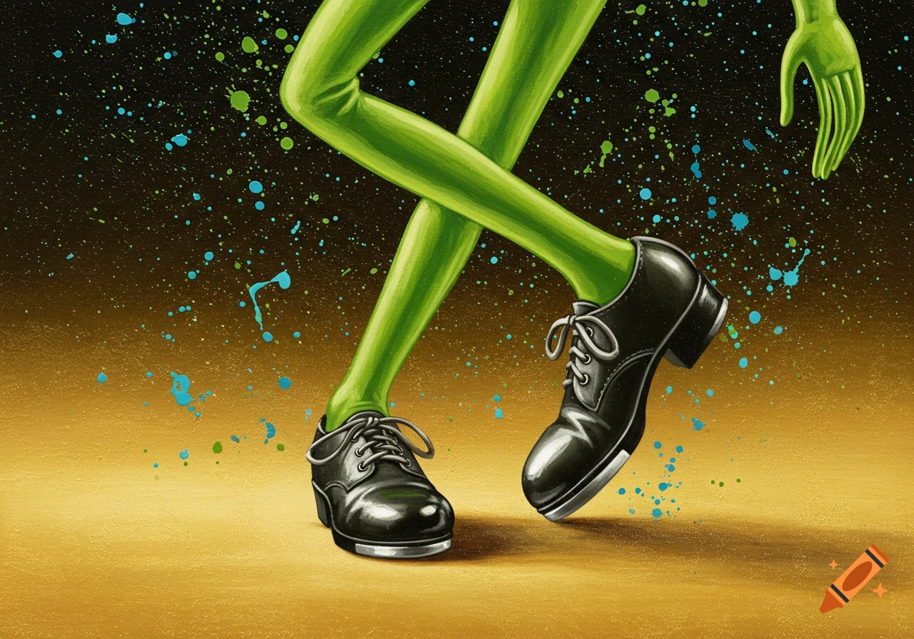 A person in green pants and black shoes is dancing on a surface with gold and black colors, and splatters of paint.