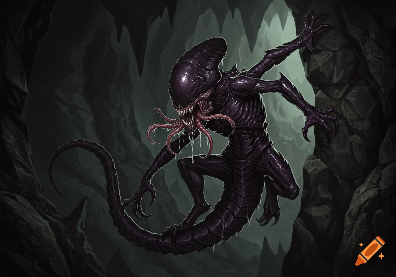 A dark purple and black monstrous creature with tentacles for a mouth clings to a cave wall.