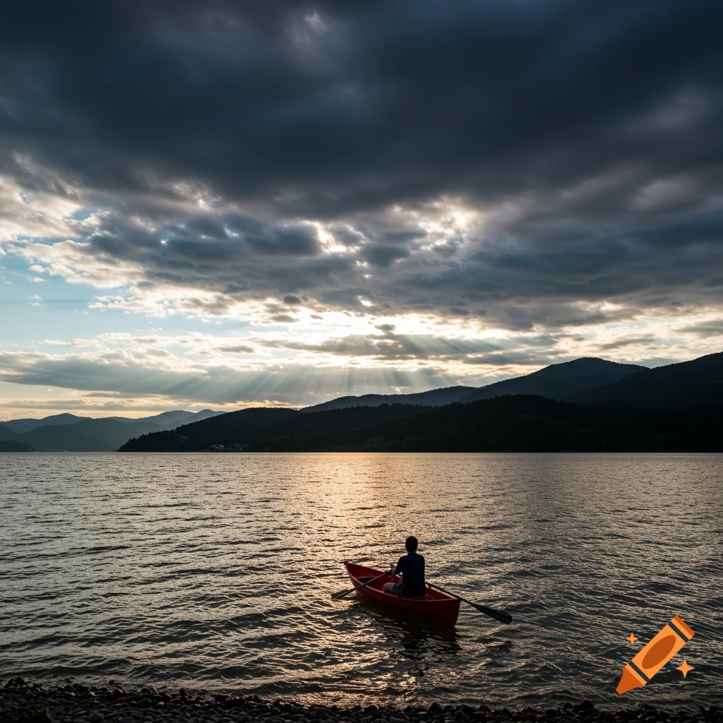 A person paddles a red boat on a lake at sunset with sunbeams through dark clouds over mountains. Photorealistic style.