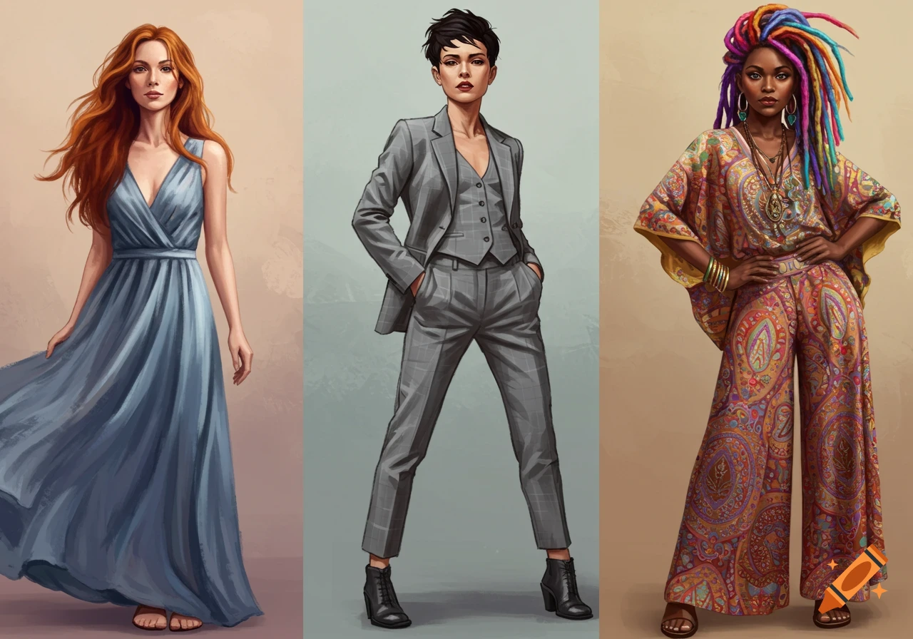 Three women in different outfits.
