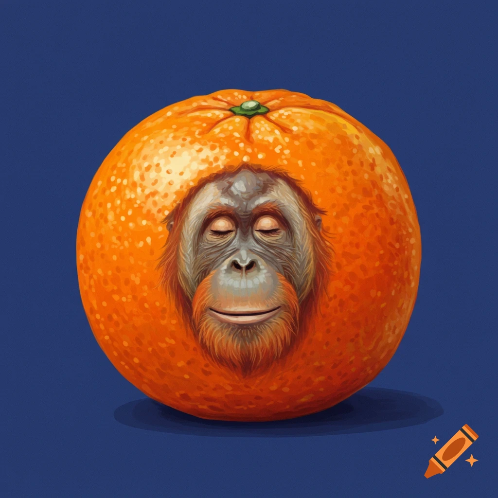 Orangutan face meditating inside an orange fruit.