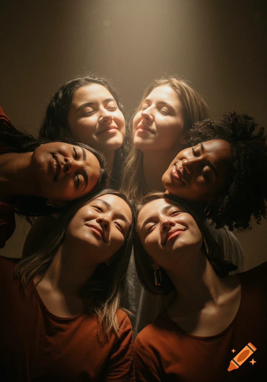 Close-up portrait of a group of women looking upwards towards a light source.