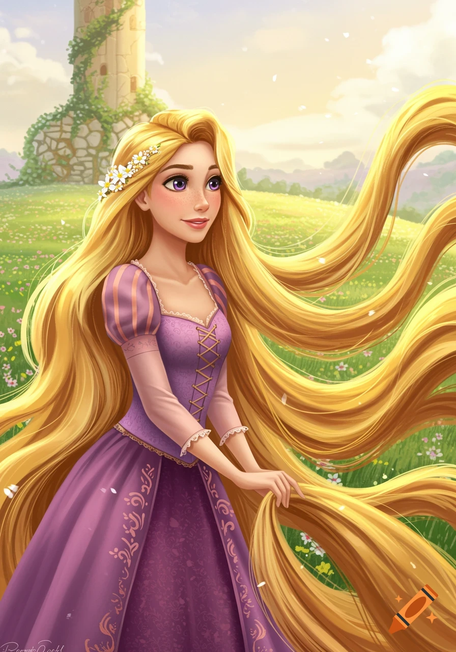 Rapunzel with long blonde hair in a purple dress, standing in a field near a tower.