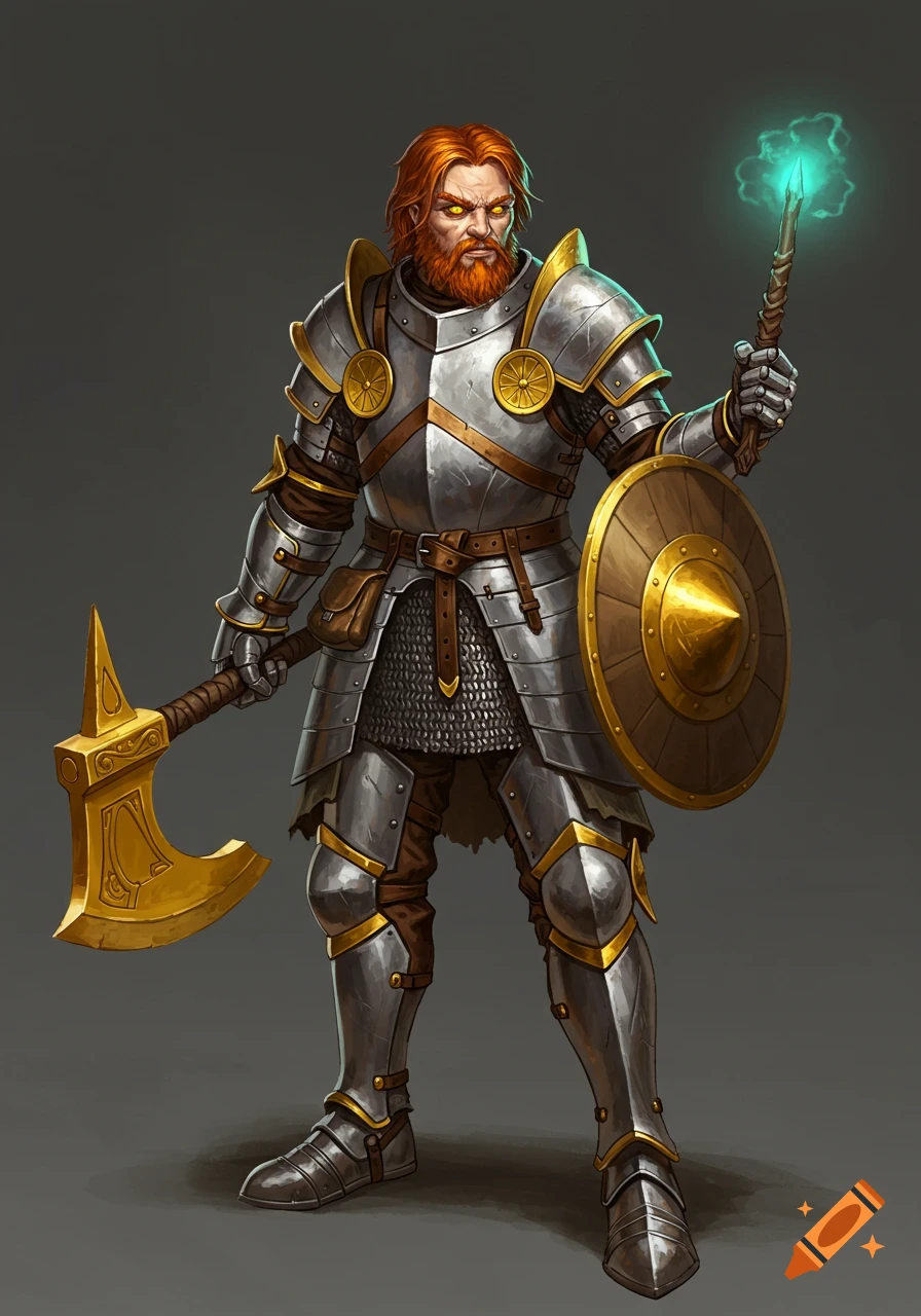 A red-haired fantasy warrior in full plate armor holds a golden axe, shield, and magic wand with green energy.
