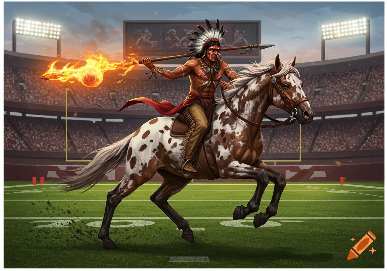 A Native American warrior rides a spotted horse across a football field, holding a flaming spear.