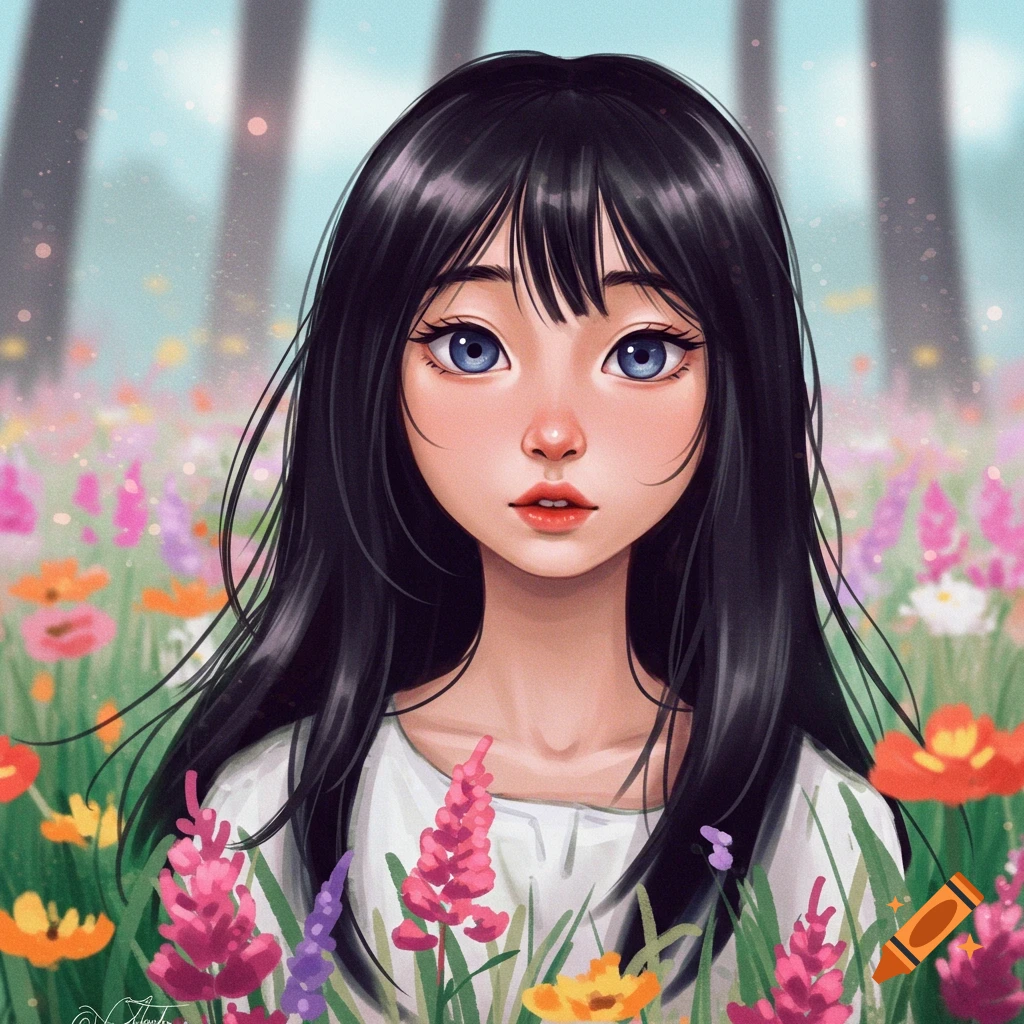 A young woman with dark hair and blue eyes in a field of colorful wildflowers.