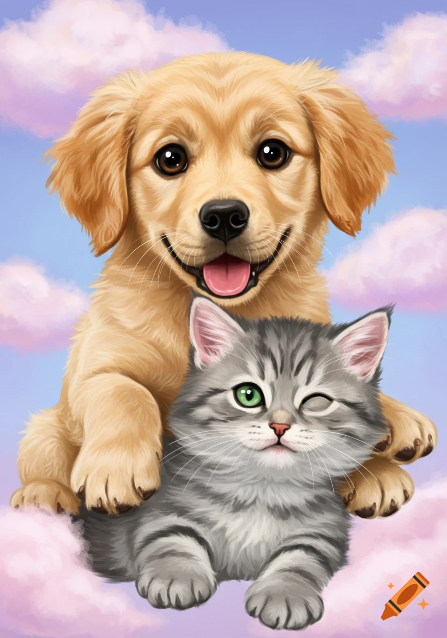 A golden retriever puppy and a tabby kitten floating in clouds.