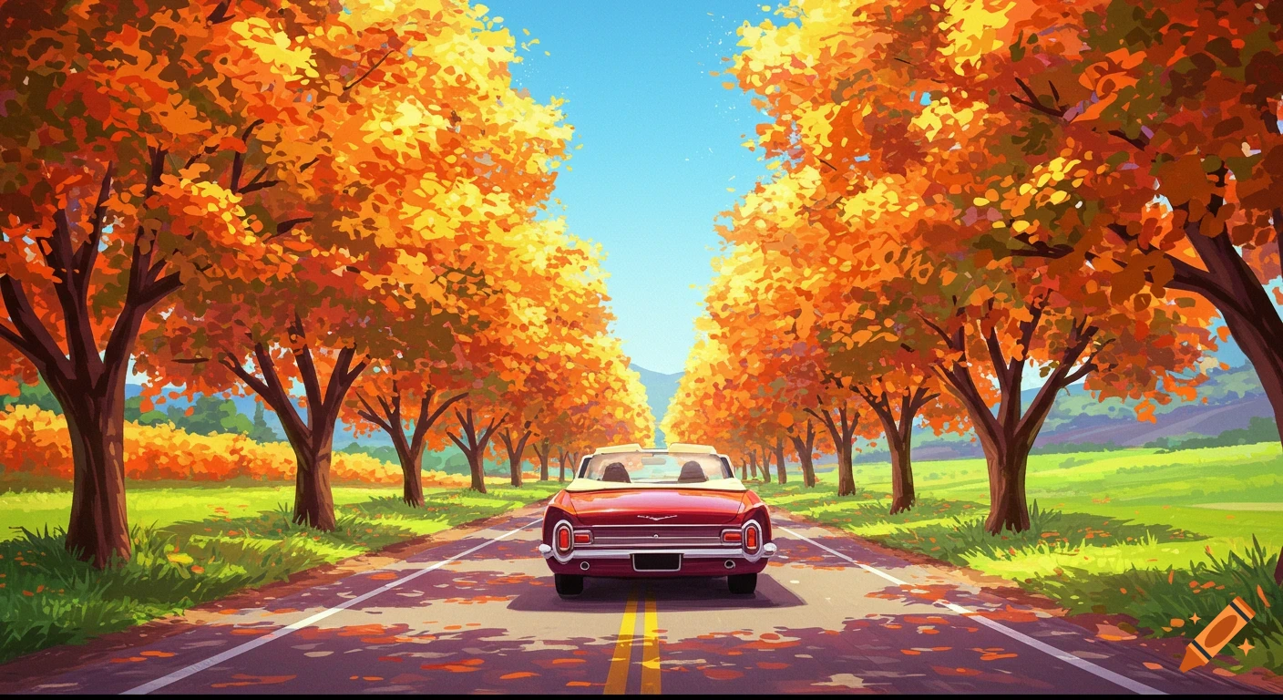 A red convertible drives down an autumn road lined with orange trees under a blue sky.