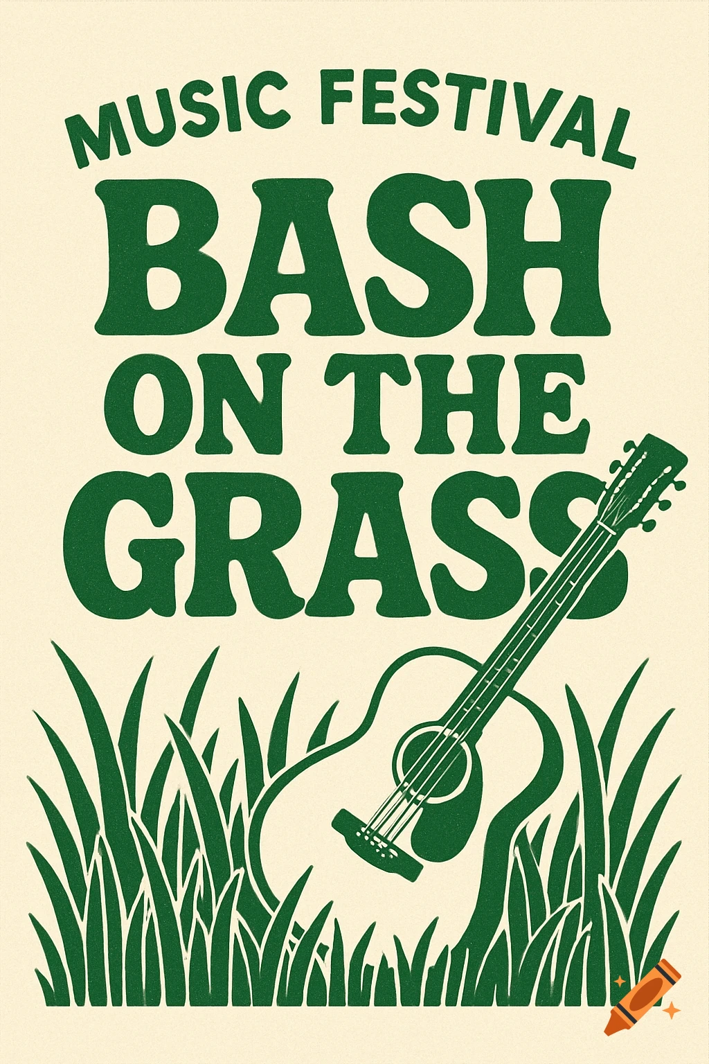 Music festival poster with text "Bash on the Grass", a guitar, and grass.