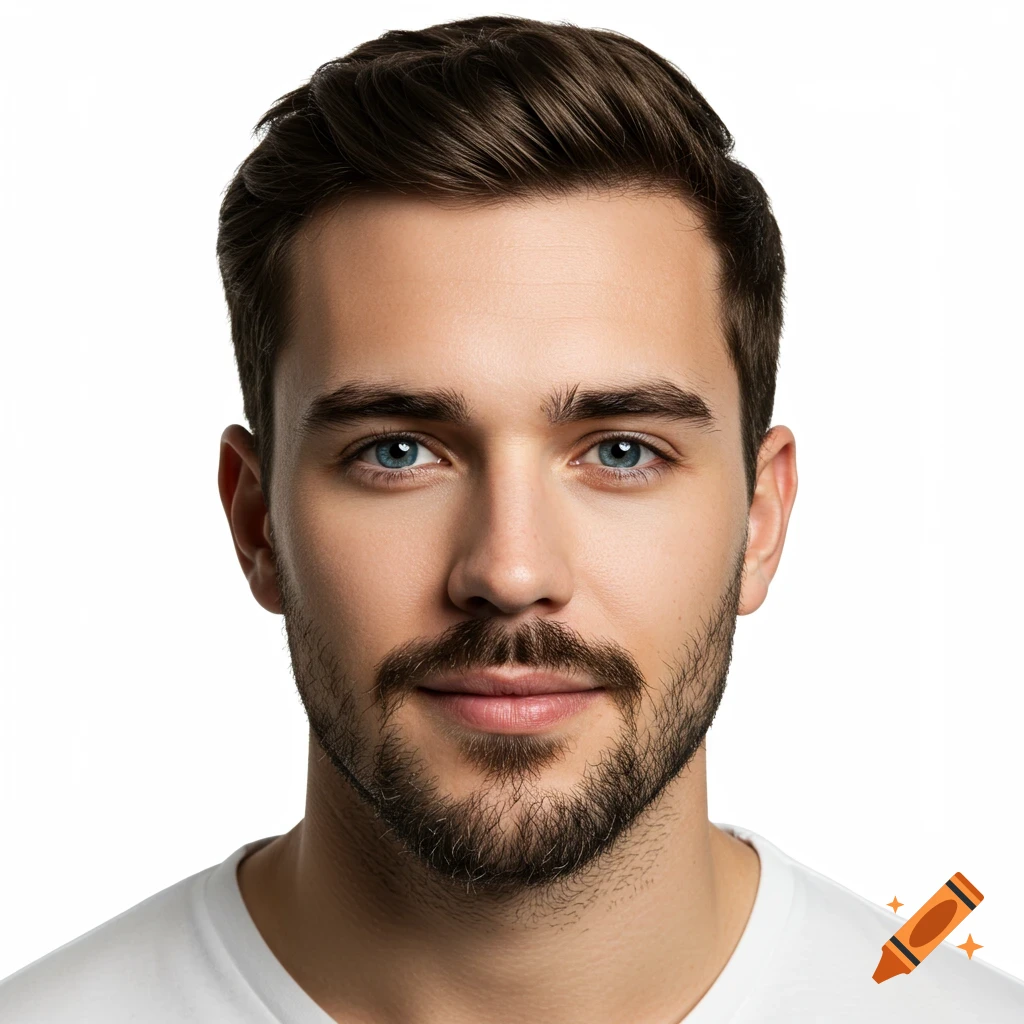 Close-up photorealistic portrait of a young man's face with blue eyes, beard, and brown hair against a white background.
