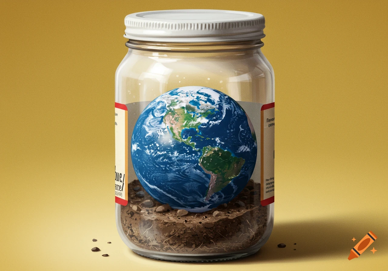 Globe of Earth inside a glass jar with soil.