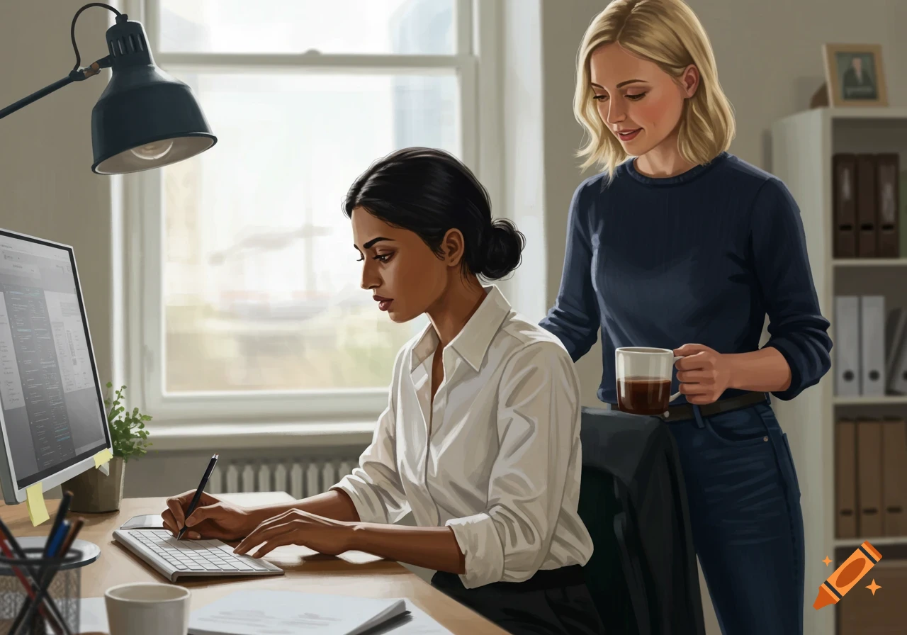 Two women are in an office, one working at a computer, the other holding a coffee cup.