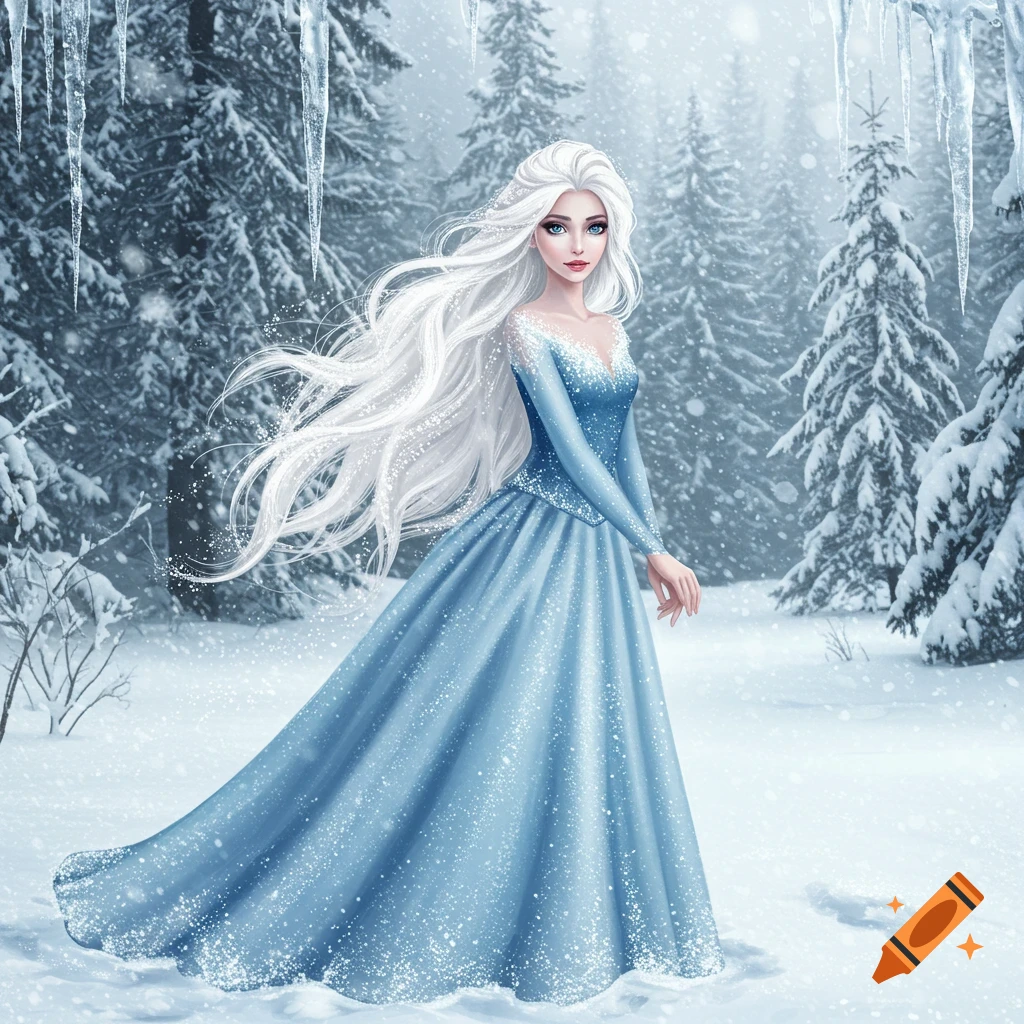 A fantasy character with long white hair in a snowy forest.