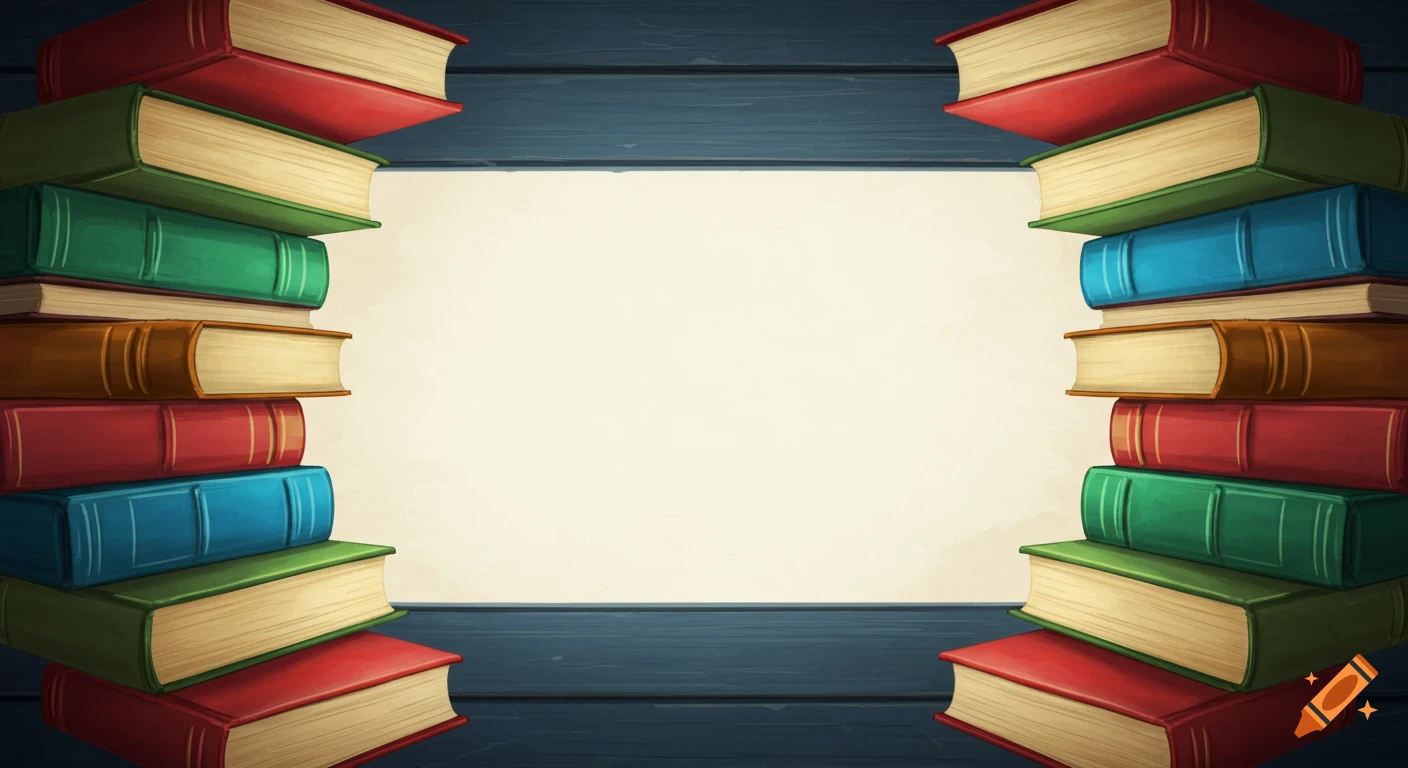 Stacks of red, green, blue, and brown books frame a blank space on a dark wood background.
