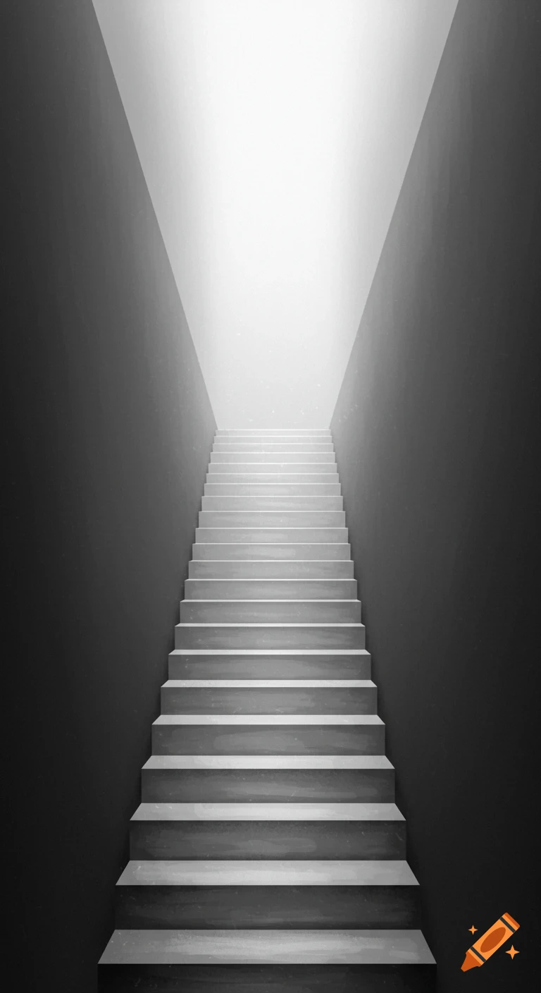 Minimalist grayscale stairs ascending into bright light.