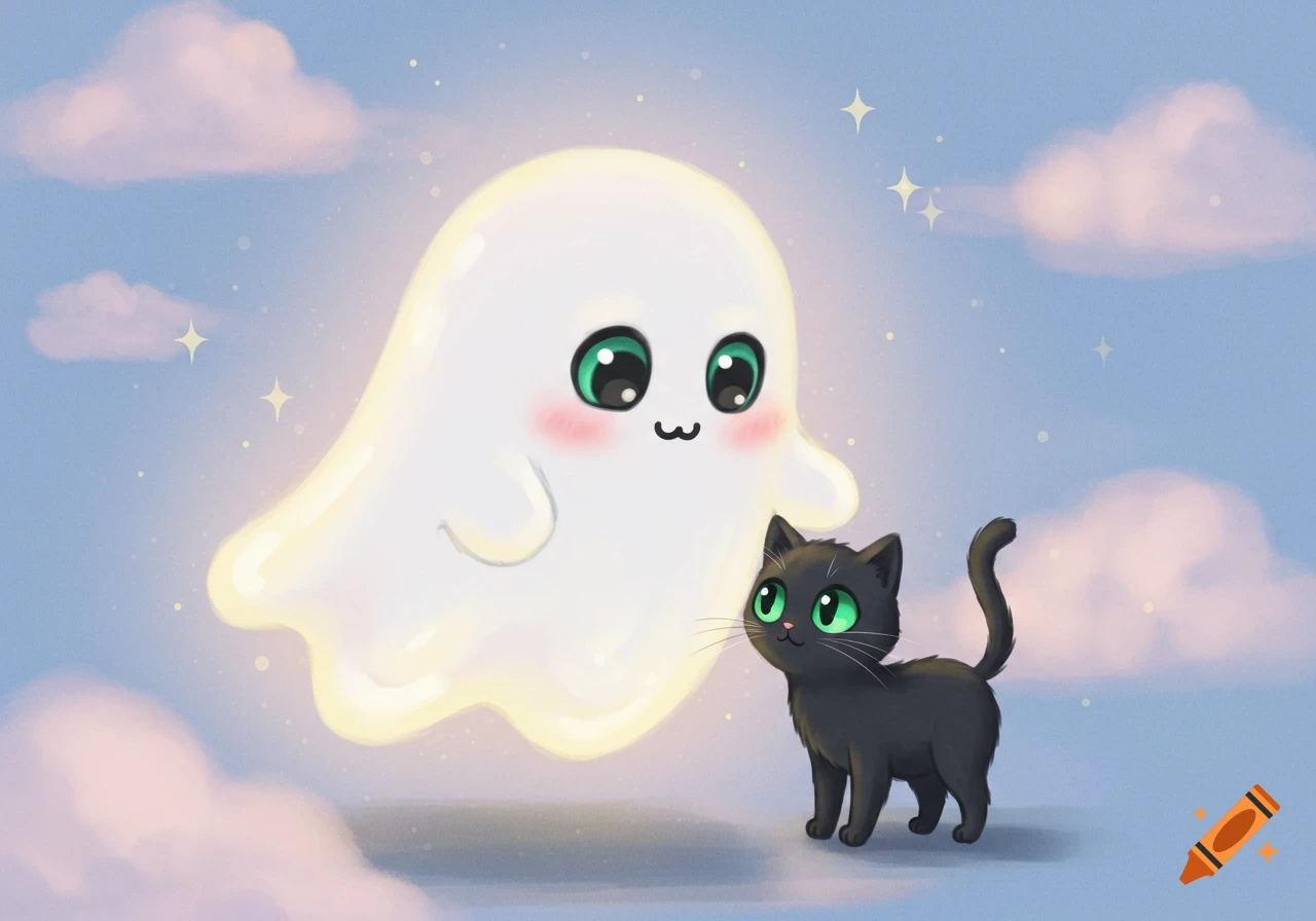 A cute white ghost floats next to a black cat in a pastel sky with clouds and sparkles.