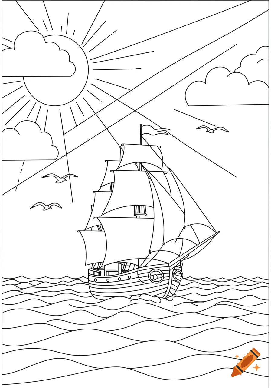 Line art coloring book page of a sailing ship on the sea under a sun and clouds with seagulls.
