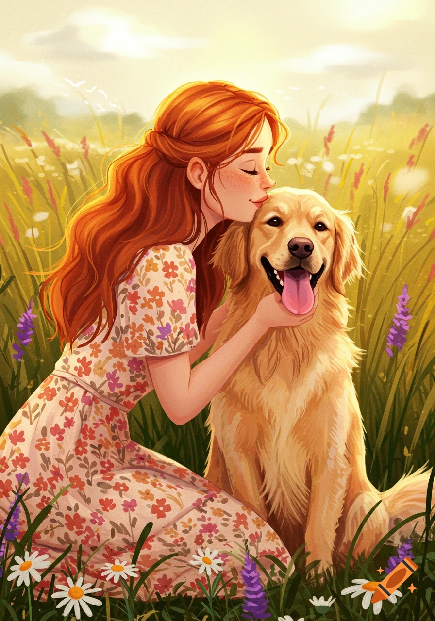 A red-haired woman kisses a golden retriever in a field