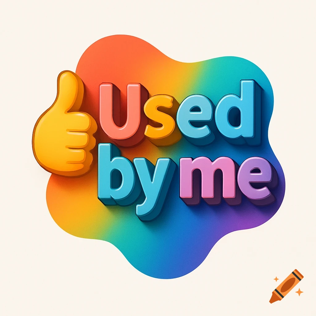 A colorful logo with 3D text 'Used by me' and a thumbs up icon.