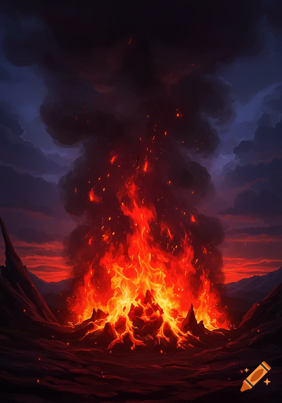 An intense fire with smoke rising into a dark, cloudy sky above a rocky landscape