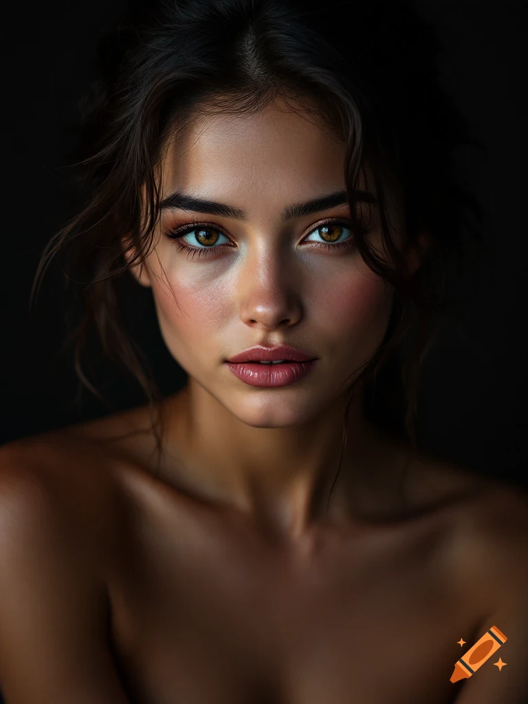 Close-up photorealistic portrait of a woman with dark hair and dramatic lighting looking intently at the camera.