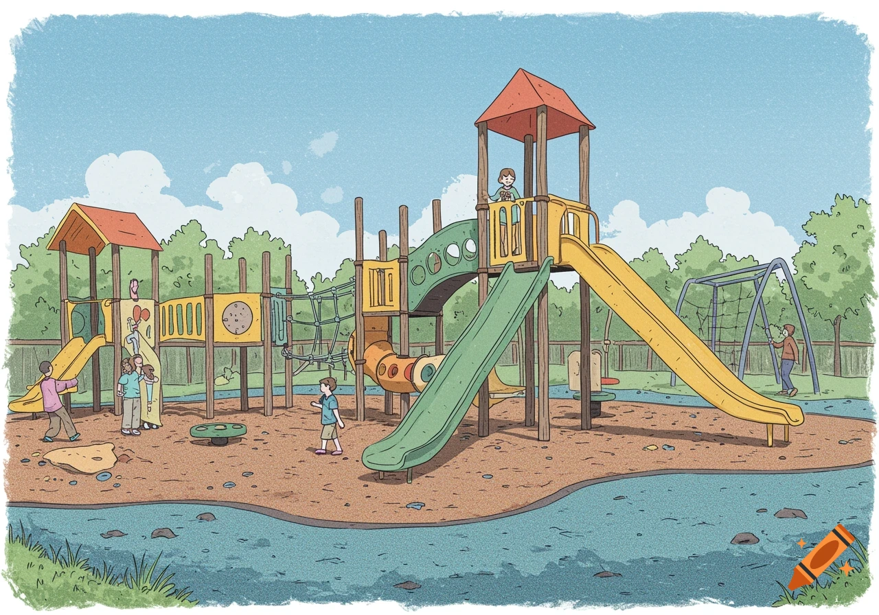 Illustration of children playing on a sensory-friendly playground with slides, swings, and climbing structures.