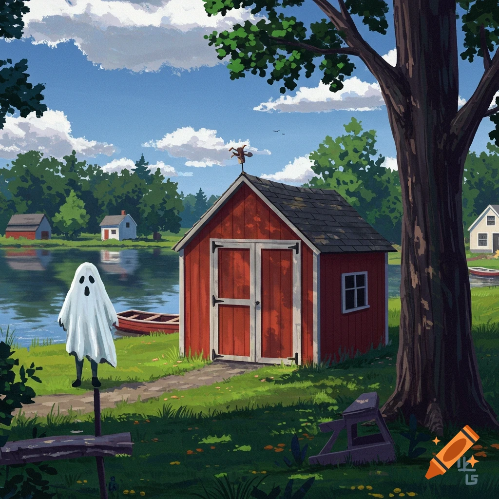 Cartoon illustration of a sheet ghost standing near a red shed by a lake in a sunny suburban landscape.