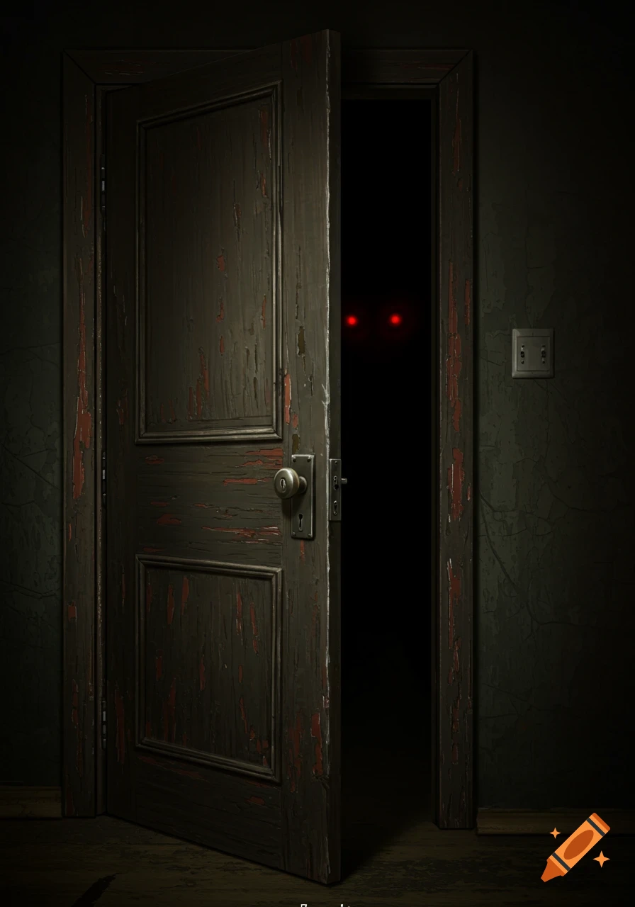 A slightly ajar door in a dark room reveals two glowing red eyes peering from the blackness within.
