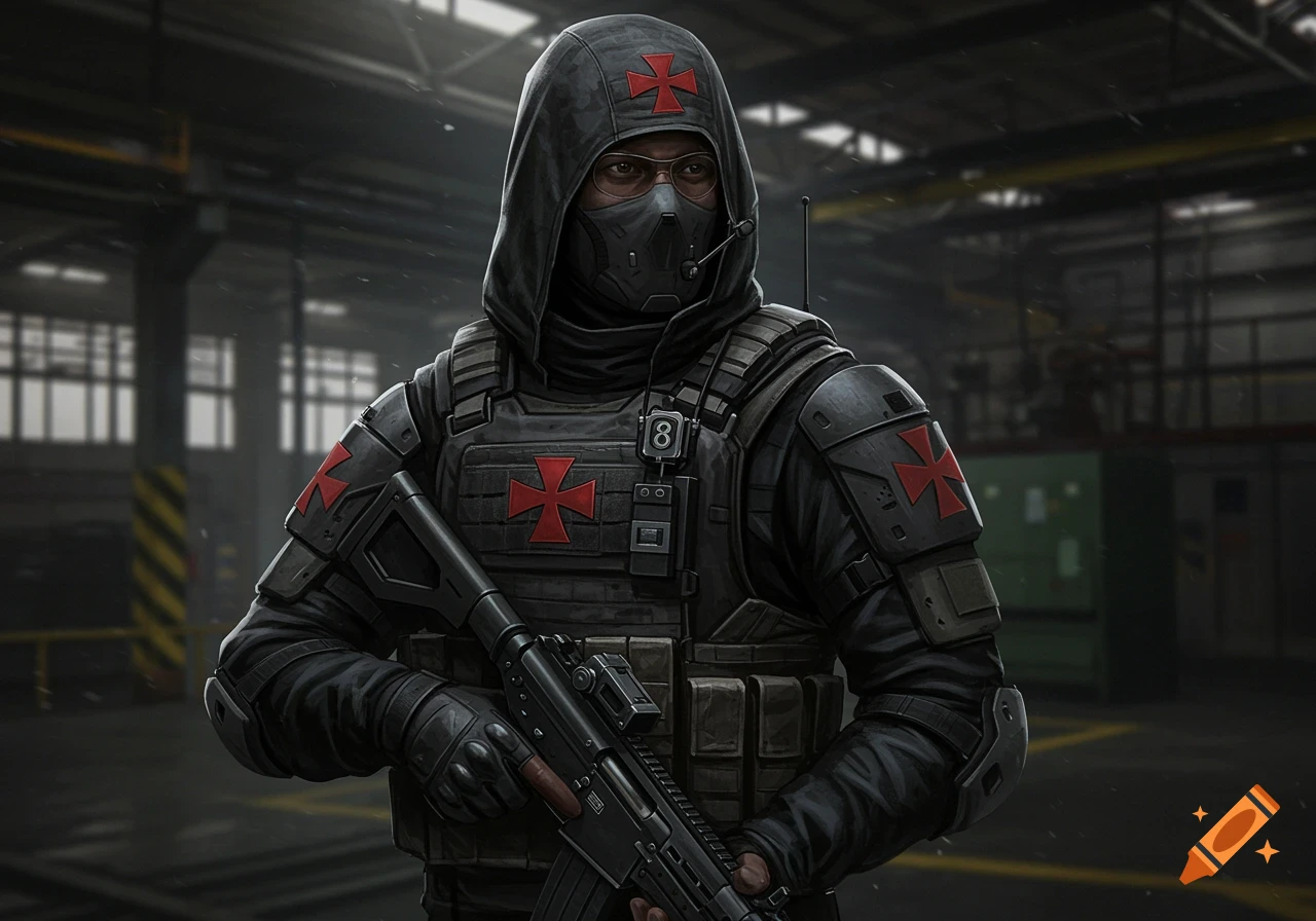 A tactical military operator in black gear with red cross symbols is holding a rifle in an industrial setting.