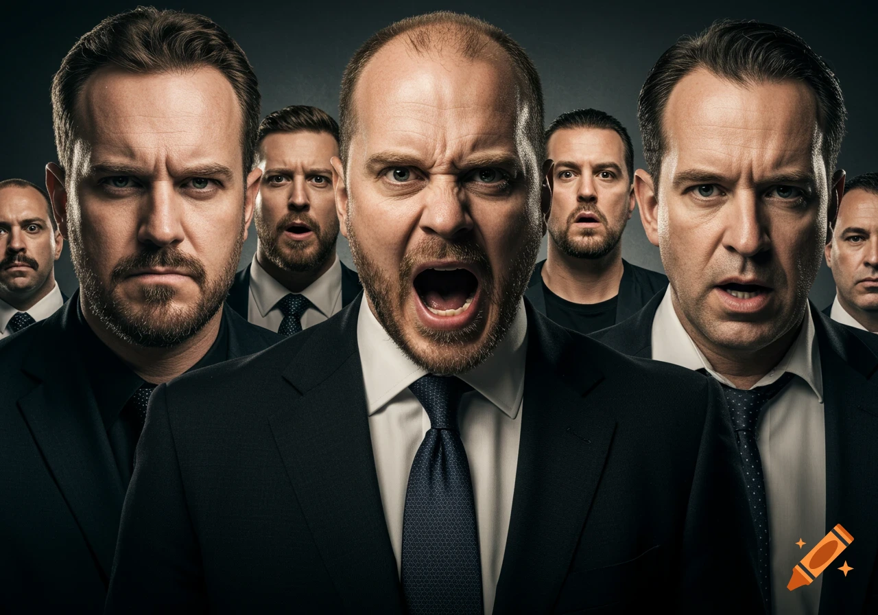 Group of men in suits with intense expressions