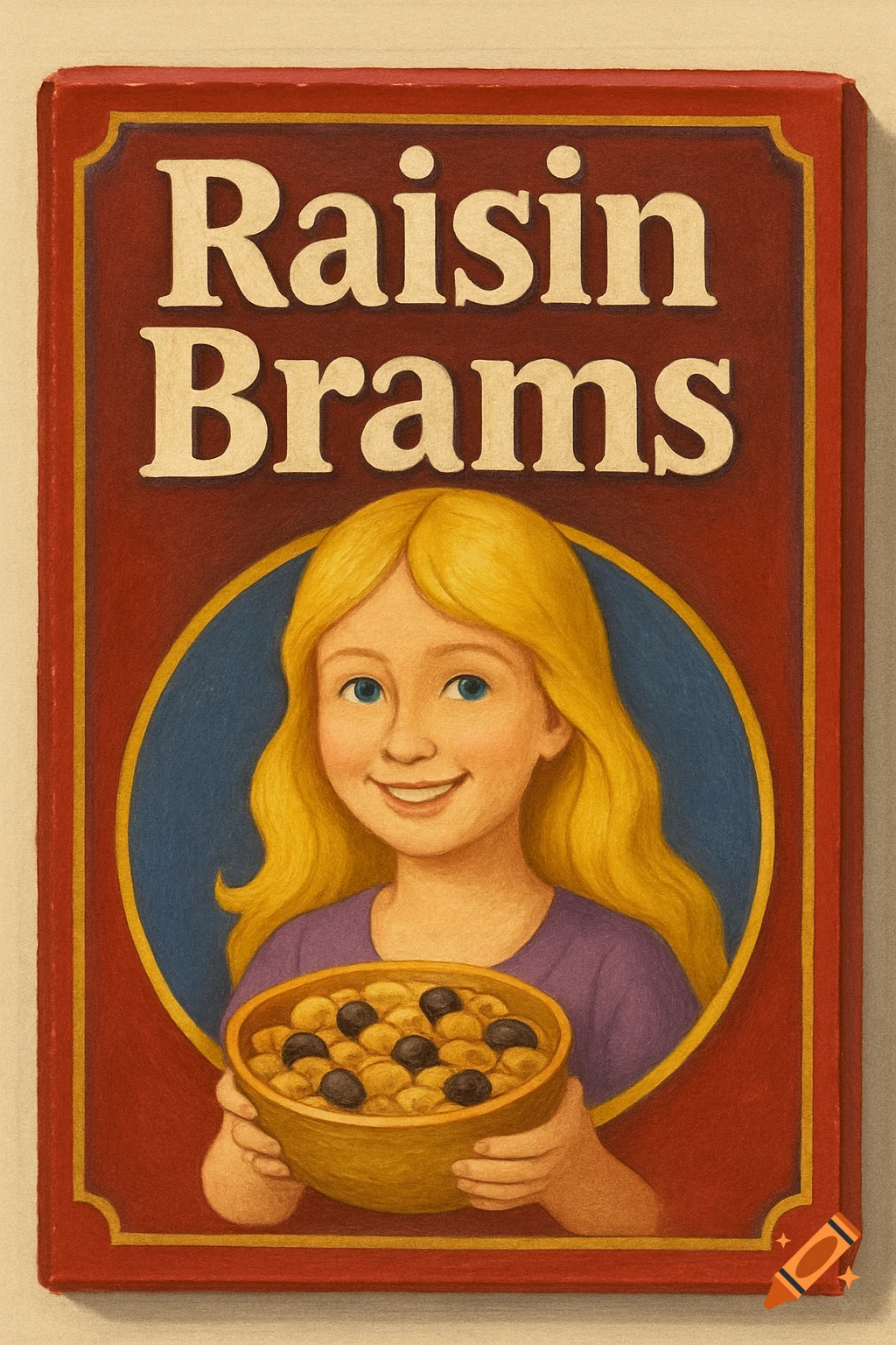 A cereal box label with a blonde girl holding a bowl and the text "Raisin Brams".